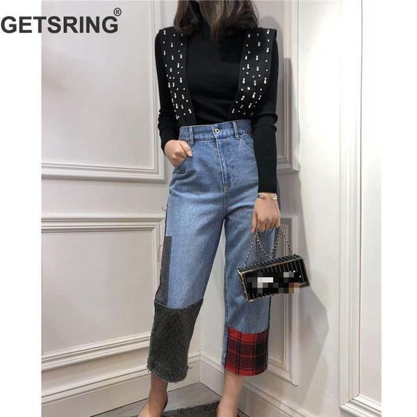 

getsring women jeans denim pants high waist denim jeans womens beading spliced straps nine points wide leg beads autumn, Blue