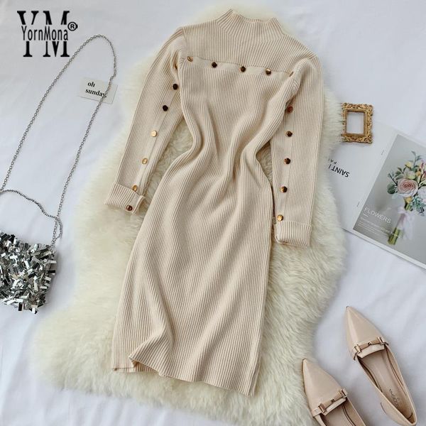 

yornmona good quality warm knitted sweater dress 2019 ins fashion buttons long sleeve autumn winter bodycon dress ladies dress, Black;pink