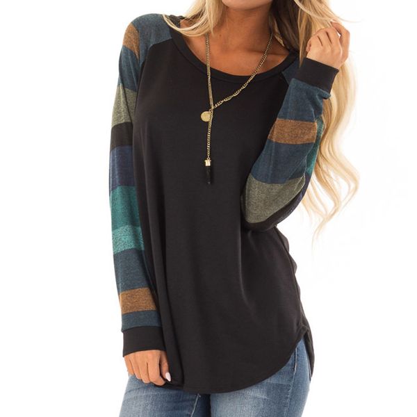 

2019 female t-shirt women stripe patchwork casual shirt tees feminino long sleeve o-neck autumn clothes chemise femme, White