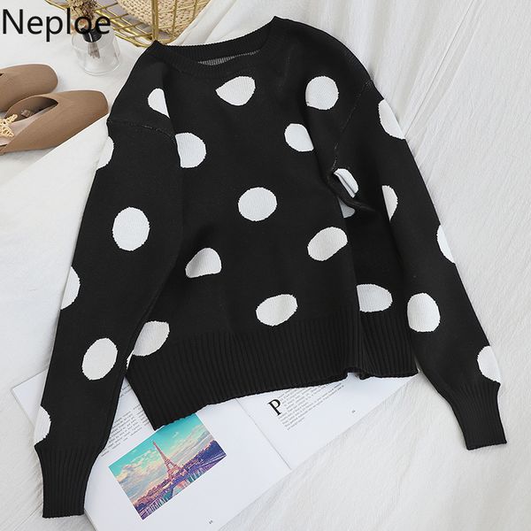

neploe o neck pullover dot sweater autumn winter loose outwear long sleeve pull femme elastic force jersey mujer invierno 48240, White;black