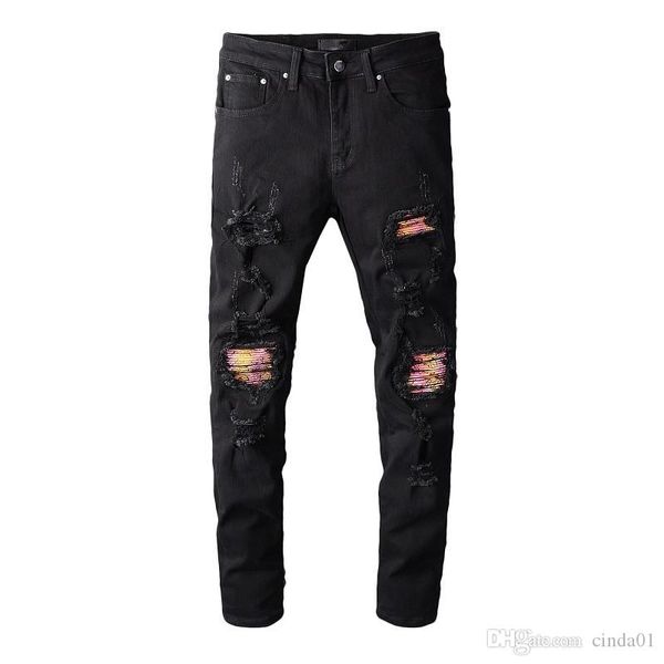 

мужские джинсы дизайнер тонкий моды марка джинсовой карандаш брюки hole омывается цвет ткани шитье ripped проблемные мотоцикл брюки, Blue