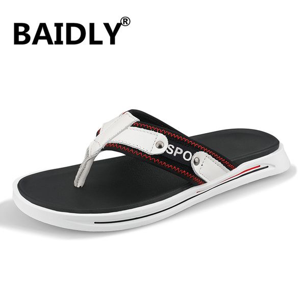 

men summer flip flops rome beach slippers comfortable open toe slipper fashion flat geniune leather flip flops men, Black