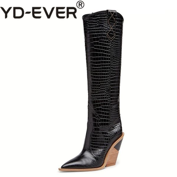 

yd-ever embossed microfiber leather women boots western cowboy high boots chunky high heels knee shoes woman, Black