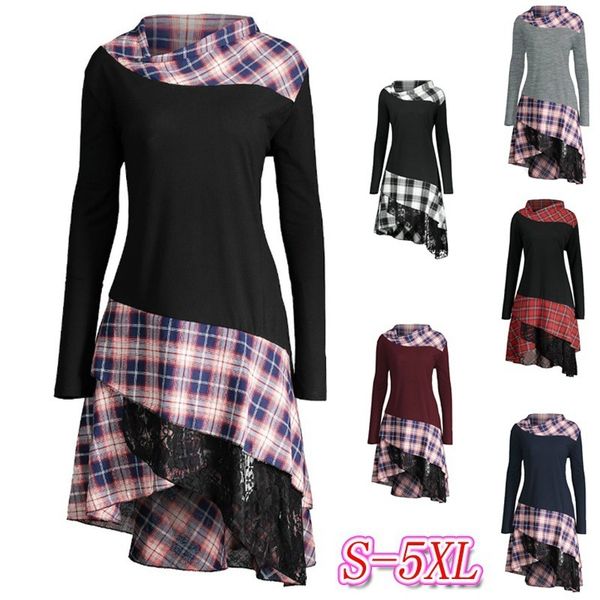 

женское дизайнерское платье плед кружева пэчворк нерегулярный пуловер ворс шеи платье, Black;gray