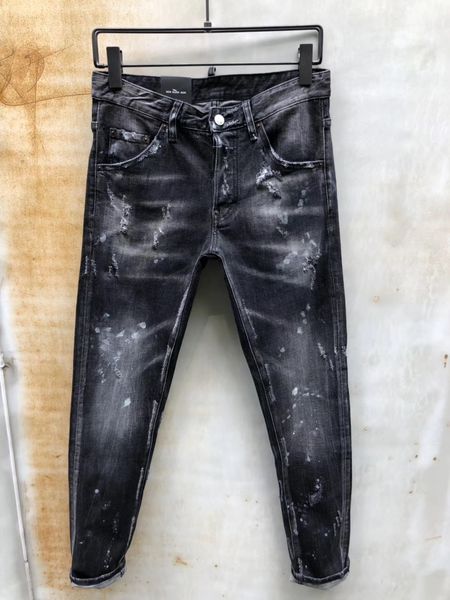 

19ss casual men's washed design hole oil paint casual black slim summer lightweight denim denim stretch jeans pants straight leg trouse, Blue