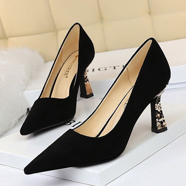

european and american style fashion simple nightclub show thin leopard print heel matching suede shallow mouth pointed single shoes, Black