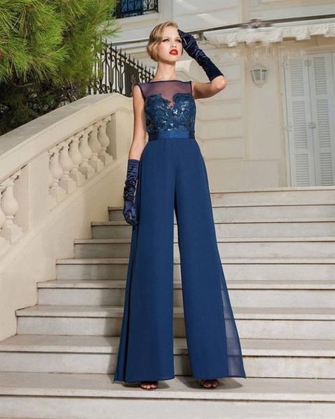 Dark Navy Salt -turista Madre della sposa Abiti di pantalone Sheer Bateau Neck Wedding Ospite abito da ospite Plus Abiti da sposa applicato