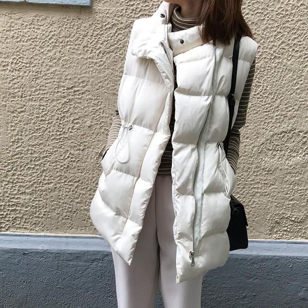 

woman fashion korean stand neck sleeveless vest coats casual slim winter waistcoat zipper long cotton padded jacket, Black;white