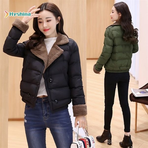 

короткие верхняя одежда мода универсальный повседневный похудение с длинным рукавом хлопок сплошной цвет зимы пальто куртки parka зима женщи, Black