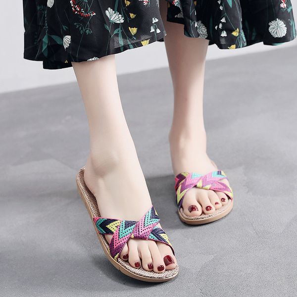 

slippers summer shoes home fashion cute cool sweat linen slides female sandals flax flip flops women, Black