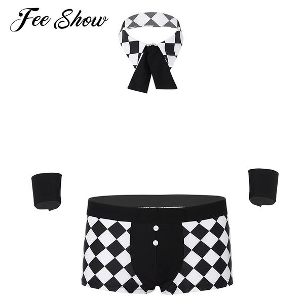 

novelty men maids butler plaid cosplay costume lingerie outfit role play clubwear boxer underwear with collar and handcuffs, Black;white