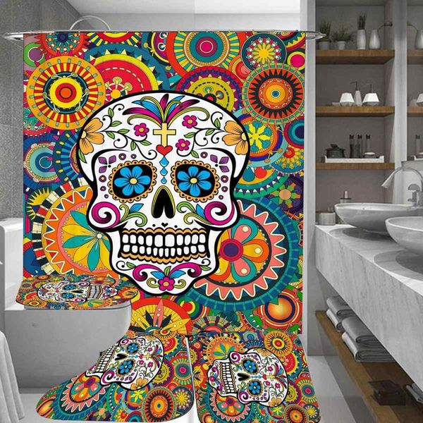 

halloween skull bathroom curtain waterproof shower curtain set non-slip bath mat toilet lid cover rugs mat polyester fiber