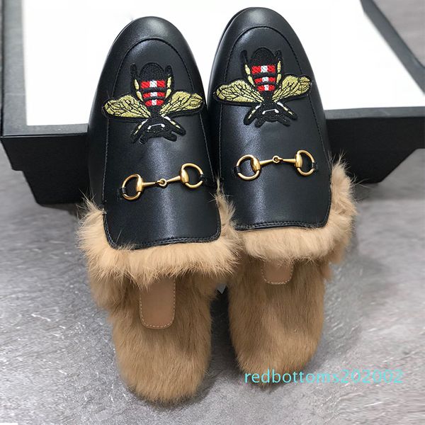 

fashion men slippers leather fur slippers women genuine leather flat mules shoes metal chain casual shoes loafers outdoor slippers r02, Black