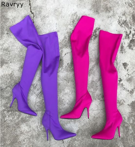 

purple elastic long boots woman over-the-knee boots thin heel booties 2019 fashion autumn winter female dress shoes, Black