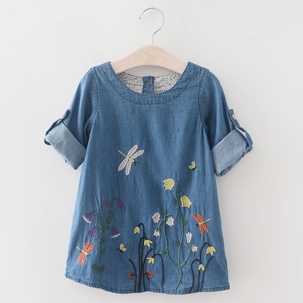 

summer children clothing new europe and the united states foreign trade dragonfly embroidery denim girls dress 3-7 years, Red;yellow