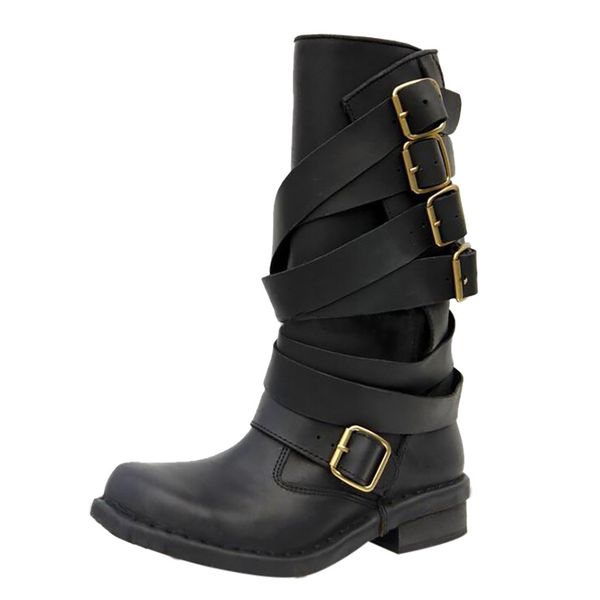

women boots autumn winter booties shoes women warm rock neutral med heels boots cool retro belt buckles shoes zapatos mujer, Black