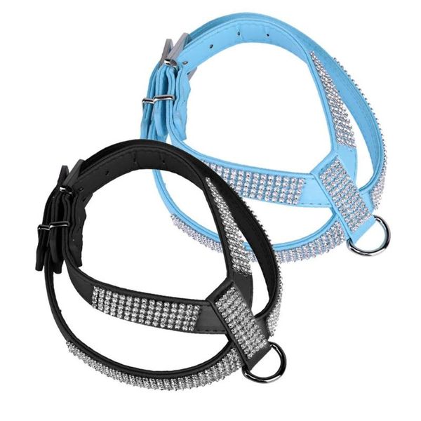 

1pcs adjustable pet dog harness bling rhinestone pu leather puppy dog collars saftey control walk l size chien collier strass