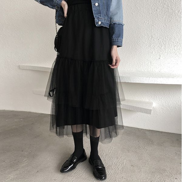 

осенний стиль высокая талия тонкая и лоскутная нерегулярные сетки юбка, Black