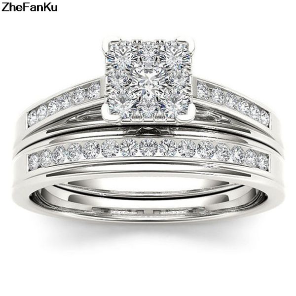 

size 6-10 women wedding engagement double ring band set with princess cut cubic zircon cocktail valentine gifts, Slivery;golden
