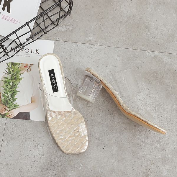 

enplei sandals summer women's beach shoes new transparent thick with crystal high heel slippers, Black