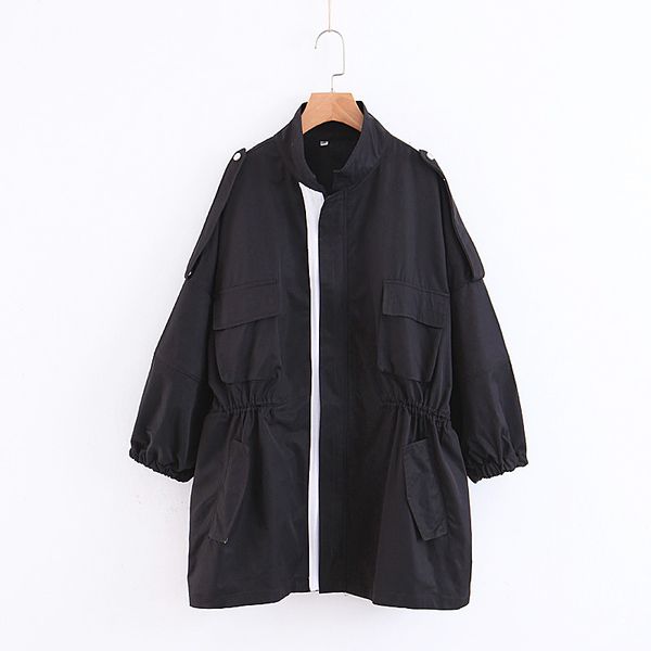 

women safari style windbreaker 2019 fashion ladies solid mandarin collar waist pockets female autumn cool highstreet outwear, Tan;black