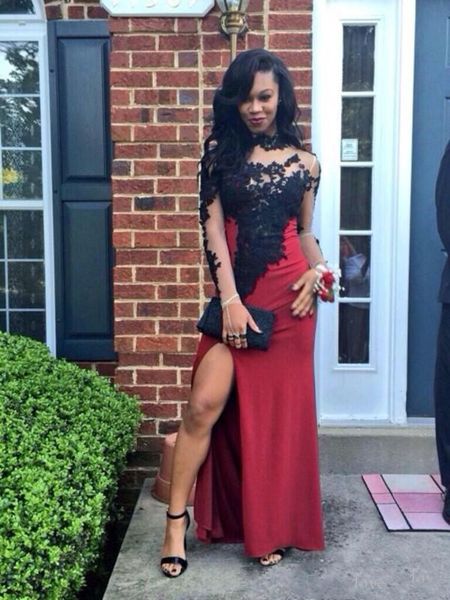 

black and dark red split prom dresses sheer long sleeves high neck black lace sheath evening dress party gowns custom plus size