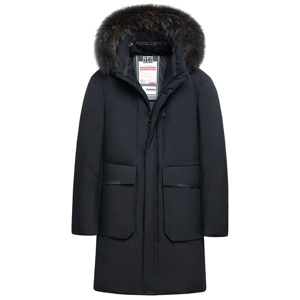 

explosion models 90% white duck down jacket men's long section winter braids hair hooded down jacket thick large size, Black