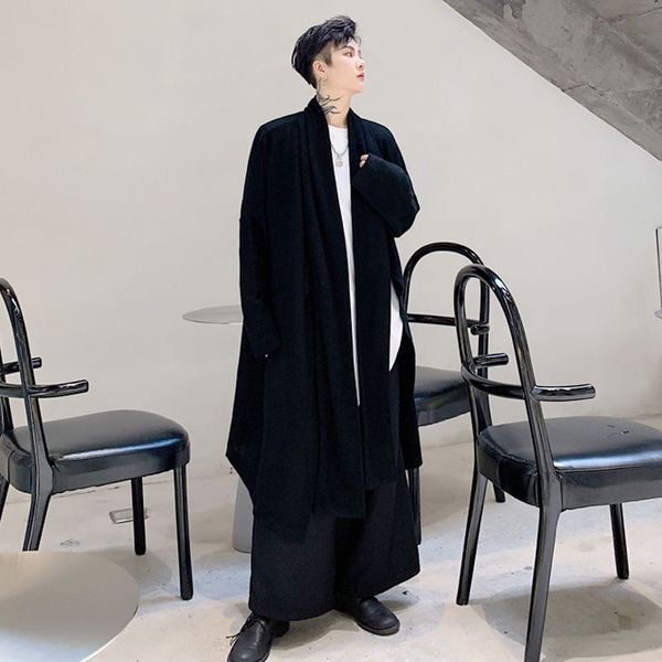 

men dark black japan style loose long knitted cardigan jacket male streetwear hip hop gothic kimono outerwear cloak trench coat, Tan;black