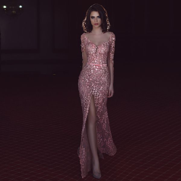

gorgeous pink split side high prom dresses deep v neck sheer long sleeve with 3d floral flower mermaid evening gowns, Black;red