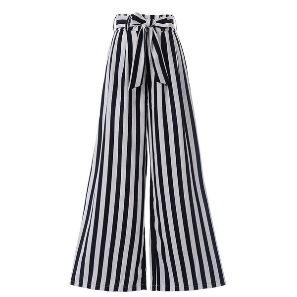

women striped wide leg pants fashion new summer high waist long trousers spring loose bow knot beach casual daily pants capris, Black;white