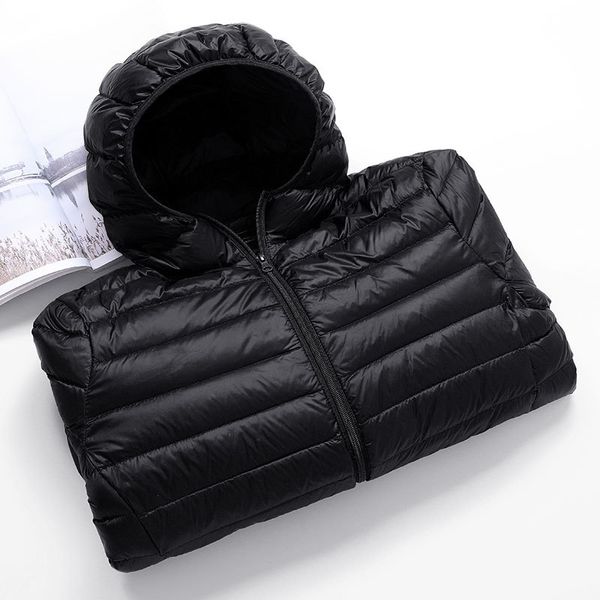 

casual men's down jacket autumn winter mens thin light standing collar&hooded white duck down coat male solid color warm outwear, Black