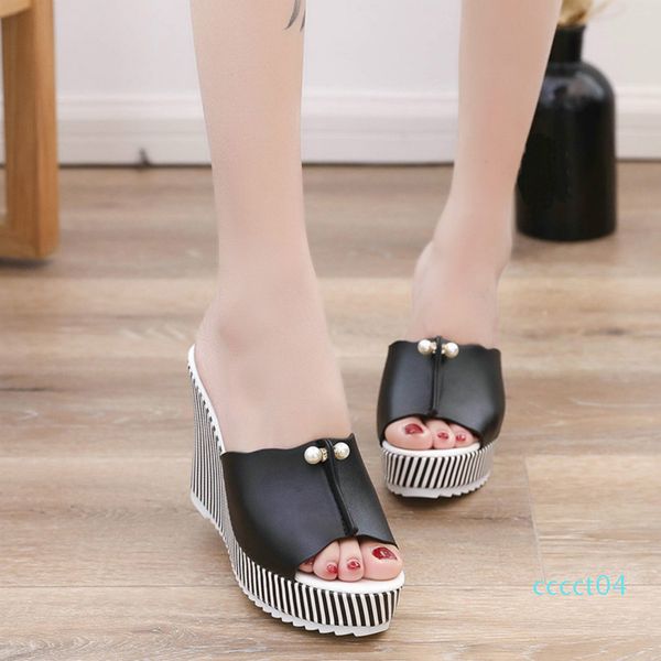 

high heels beach slippers summer wedges platform stripe pearl sandals flip flops women shoes sandalias mujer ct04, Black
