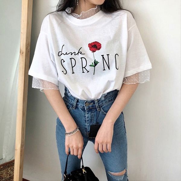 

2020 letter flower printing t-shirt agaric mesh side short sleeve all-match t-shirt fake two-piece top, White