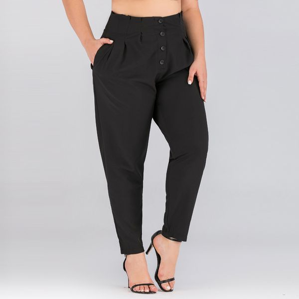 

pants womens plus size solid pocket button loose casual wide leg fold leggings pants ladies large size casual trousers fashion, Black