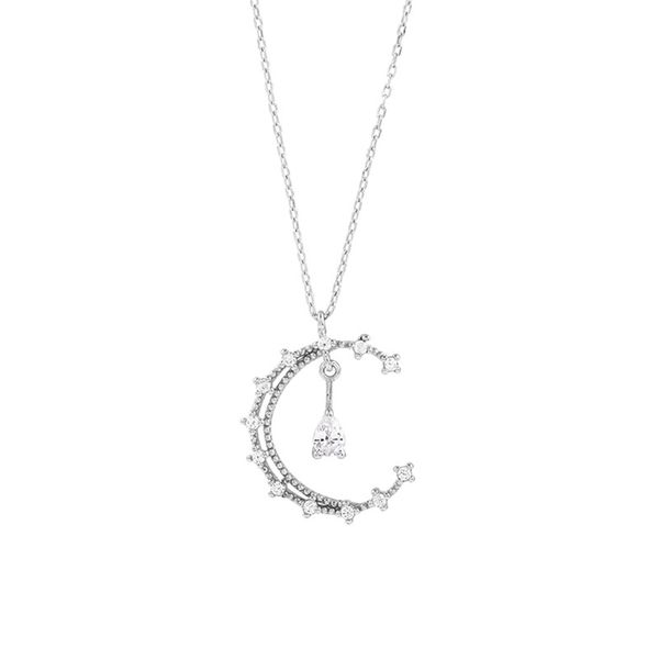 

womens necklace hollow water drop moon pendant with zircon clavicle chain fashion light necklace party jewelry, Silver