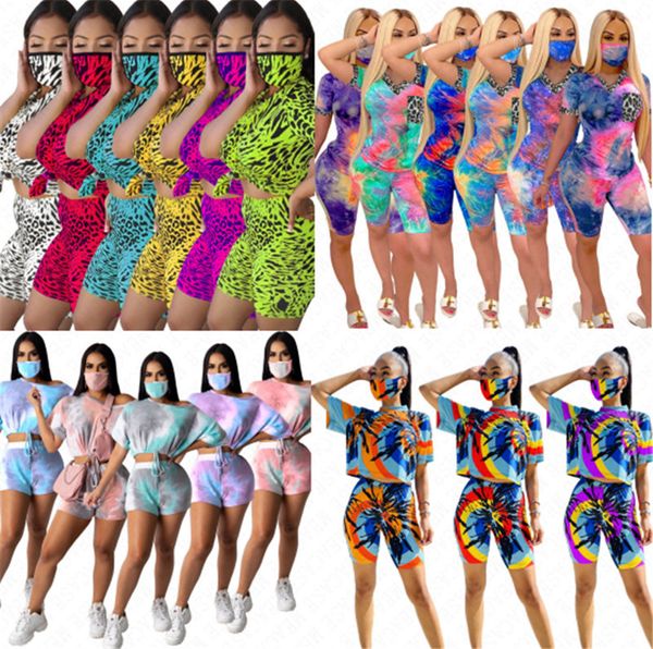 

women tracksuit pullover t shirt crop and shorts pants outfits with face mask tie-dye casual suit gradient sports suit 3pcs sets d63007, White
