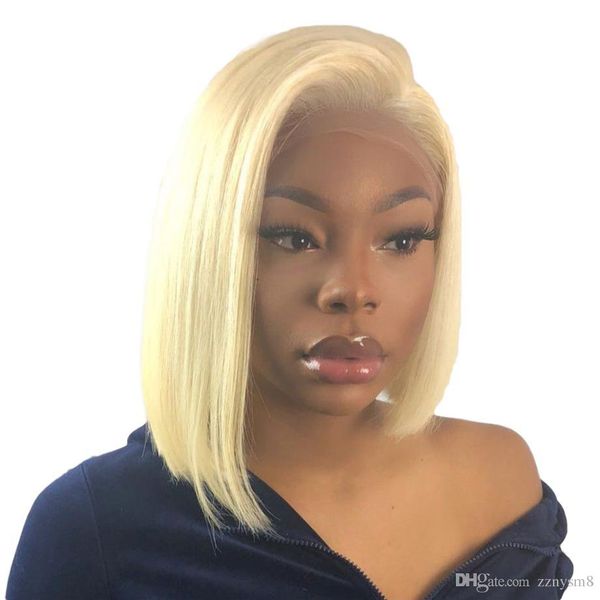 

4x13 lace front human hair wigs 1b/613 blonde short bob straight brazilian remy hair pre plucked hairline 130% density, Black