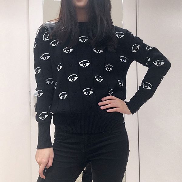 

women black pullovers 2019 fall eyes embroidery sweater crew neck korean sweater runway loose women knitted pullovers p-100, White;black