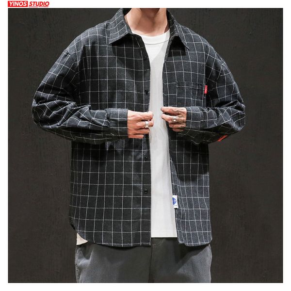 

dropshipping japanese fashions casual plus size shirts male autumn blouses japanese men streetwear striped plaid, White;black