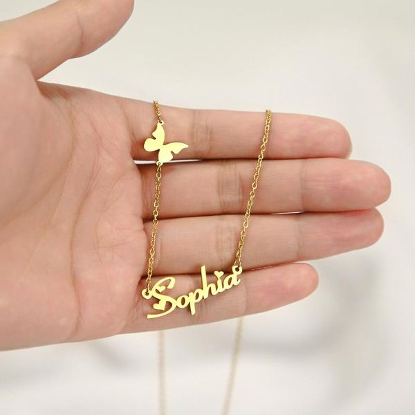 

name necklace with butterfly for women stainless steel custom personalized necklaces gold color choker pendant necklace bff gift, Silver
