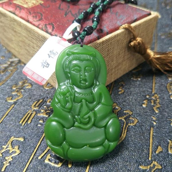 

send a-level national certificate natural hetian biyu stereo guanyin pendant green rope obsidian beads pendant chain, Silver