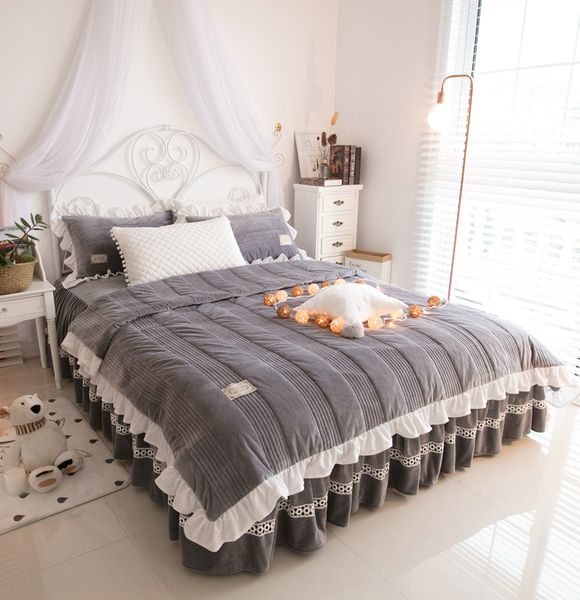 Korean Bedding Set Soft Fleece Fabric Duvet Cover Bed Skirt Korean Bedding Set Soft Fleece Fabric Duvet Cover Bed Skirt Pillowcase Comforter Twin Full