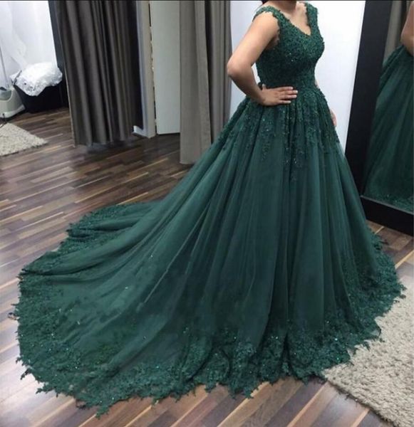 

v neck dark green appliques tulle african prom dresses 2020 elegant formal evening dress sweep train long party quinceanera, White;black
