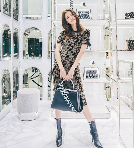 

the new women ff jacquard dress round neck short sleeved dress designer straps slim knit dress europe america dresses selling, Black;gray