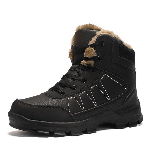 

super warm men winter boots quality waterproof leather outdoor men boots fur ankle plush snow winter shoes, Black