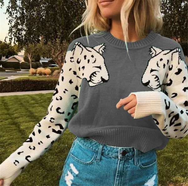 

new leopard pattern sleeve sweater women long sleeve sweater knitted ladies winter jumper pullover funny fashion clothes, White;black