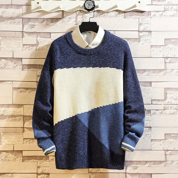 

sweaters pullover patchwork long sleeve loose men's autumn winter casual pullover o-neck knitted sweater warm top, White;black