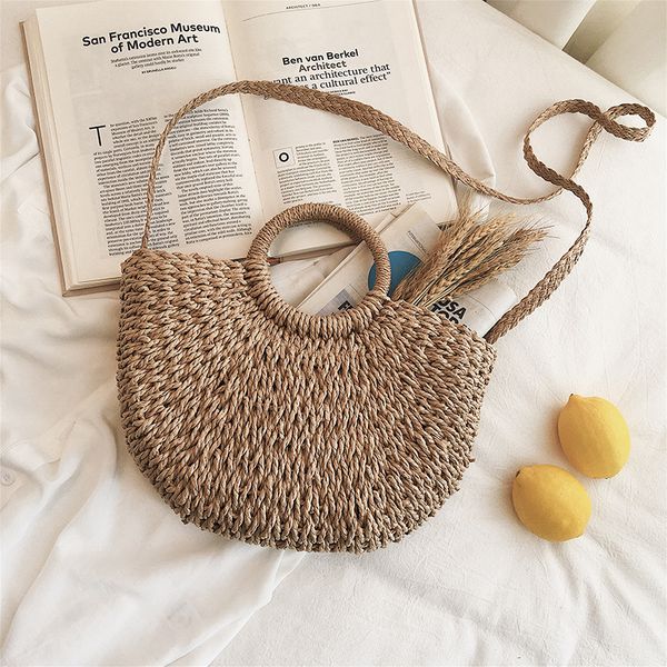 

ins ring women straw bag drawstring shoulder messenger bag casual woven beach women handbag casual tote ladies hand bags