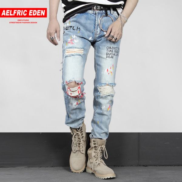 

aelfric eden mens biker jeans fashion casual pants graffiti ripped hole 2018 distressed slim denim jean hip hop streetwear pa243, Blue