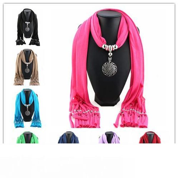 

bohemian tassel scarf alloy round flower pendant jewelry scarves for women ladies polyester necklace scarf gift, Blue;gray